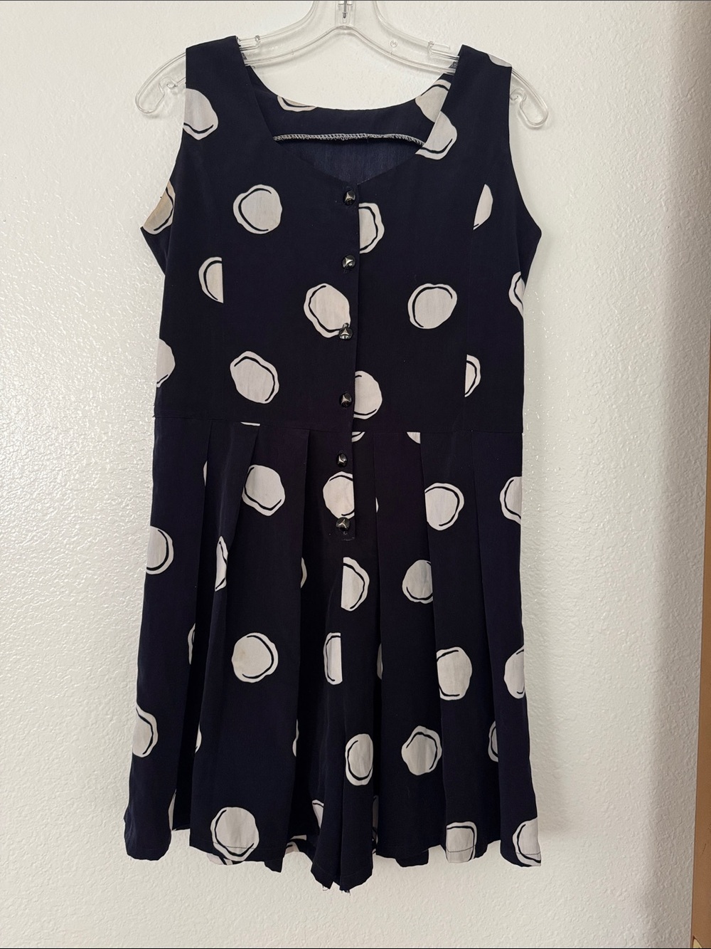 Navy Dot-Print Sleeveless Button Front romper